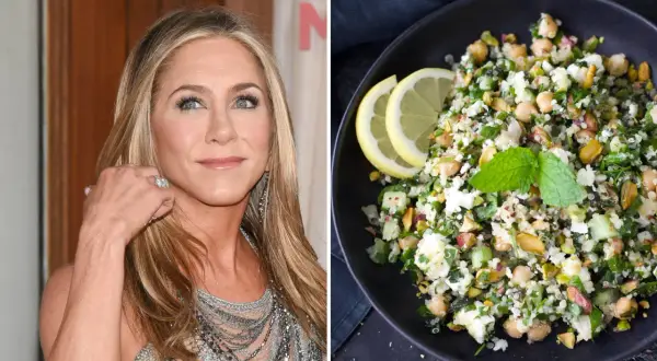 Jennifer Aniston sallad recept: en närbild på skådespelerskan och en skål med en fräsch quinoa-sallad med kikärtor, fetaost och pistagenötter.