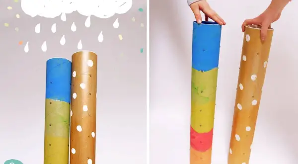 Kinder basteln Regenmacher aus Papprollen. Bunte Farben und kleine Nägel erwecken die Instrumente zum Leben.