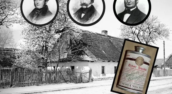 Trzej pionierzy medycyny i puszka eteru, symbol postępu w anestezji.