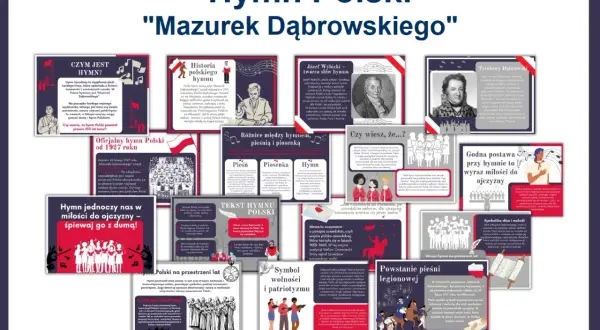 Hymn Polski "Mazurek Dąbrowskiego" - karty edukacyjne. Tekst hymnu, historia, twórcy i symbolika.