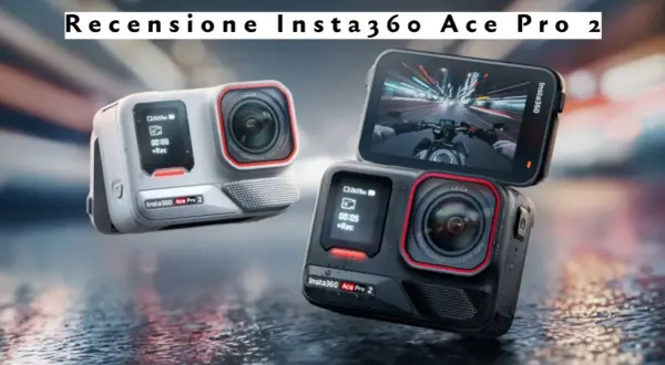 Due action cam Insta360 Ace Pro 2, una bianca e una nera, su sfondo bagnato. La nera mostra una ripresa in prima persona da moto.