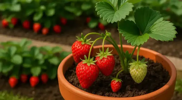 Pianta fragole in vaso, con frutti rossi maturi e uno ancora verde. Sullo sfondo, altre piante di fragole in un campo.
