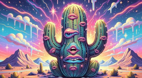Surreal desert landscape with a cactus face, evoking the psychedelic meskalina działanie. Kolorowe chmury i góry w tle.
