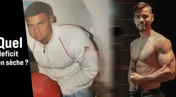 Avant/après transformation physique. L'image montre un homme avant et après avoir atteint un déficit calorique pour la sèche.