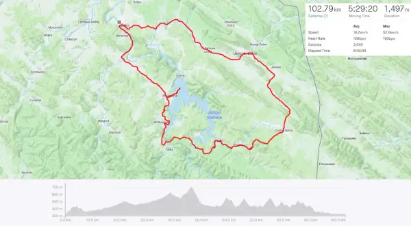 Trasa rowerowa pętla bieszczadzka wokół Jeziora Solińskiego. Dystans 102,79 km, czas 5:29:20. Widok mapy i profilu wysokości.