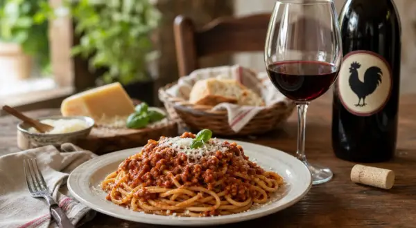 Ein Glas Rotwein steht neben einer Flasche mit Hahn-Etikett, bereit, welcher Wein zu Spaghetti Bolognese passt. Dazu ein Teller Pasta, Parmesan und Brot.