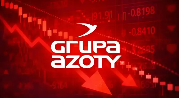 Wykresy giełdowe z czerwonymi spadkami i logo Grupy Azoty. Akcje Azoty na czerwonym tle.