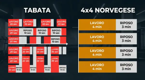 Schemi di allenamento HIIT per dimagrire: Tabata (20 sec lavoro/10 sec riposo) e 4x4 Norvegese (4 min lavoro/3 min riposo).