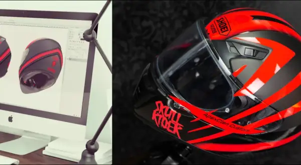 Projektowanie oklejania kasku motocyklowego z czerwono-czarnym wzorem. Gotowy kask Shoei z grafiką "Skull Rider" i "ApexClan Custom".