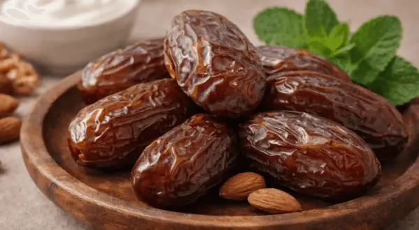 En träskål med dadlar, mandlar och mynta. Dessa dadlar nyttigt är en perfekt energiboost.