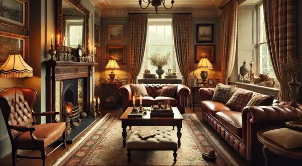 Gemütliches Wohnzimmer im englischen Landhausstil mit Ledersofas, Kamin und antiken Möbeln.