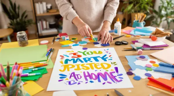 Tworzenie kolorowych plakatów A4 z napisem "Party started at home". Na stole mnóstwo materiałów do rękodzieła.