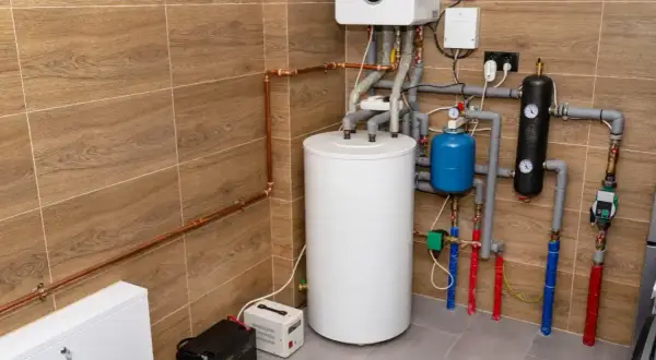 Kotłownia gazowa powyżej 60 kW wymaga odpowiedniego osprzętu, jak ten widoczny na zdjęciu: bojler, zbiornik przeponowy, pompy i liczne rury.