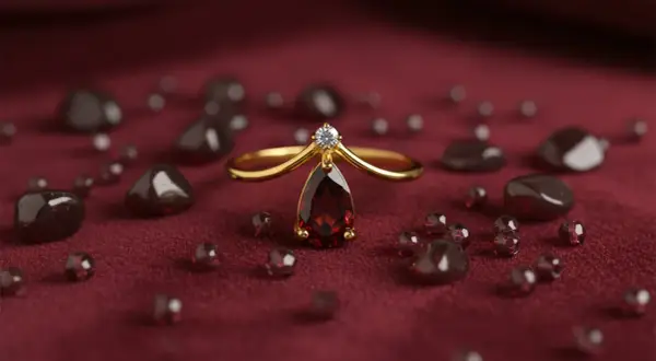 Anillo de oro con una lágrima de piedra enero y un diamante, rodeado de granates sobre tela burdeos.