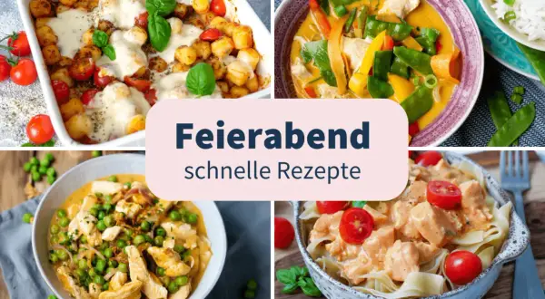 Schnelle Abendessen Ideen: Gnocchi-Auflauf, Hähnchen-Curry, Hähnchen mit Erbsen und Pasta mit cremiger Sauce.