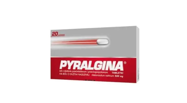 Opakowanie Pyralginy 20 tabletek na silny ból i gorączkę.