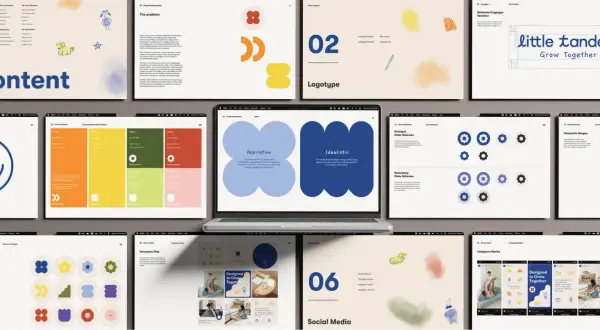 Screenshots of a brand bible presentation, showcasing color palettes, geometric shapes, logotype variations, and social media mockups for "little tandem.