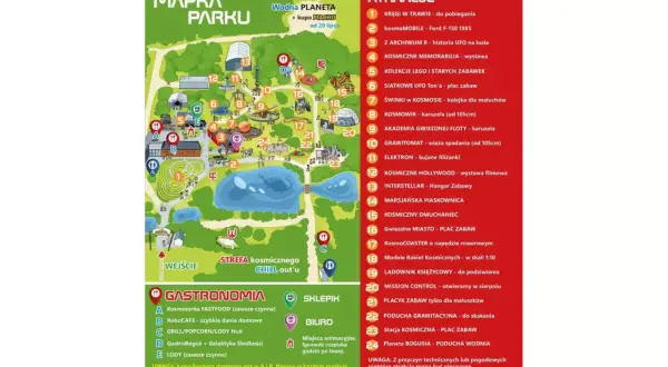 Mapa parku z atrakcjami, w tym kosmiczne ranczo z karuzelami i placami zabaw.