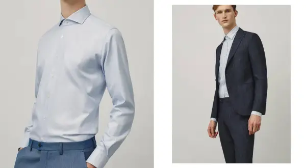 Uomo con camicia azzurra e pantaloni blu, e uomo con completo blu scuro e camicia a righe. Guida su come indossare una camicia da uomo.
