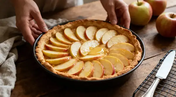 Une tarte aux pommes simple, garnie de fines tranches de pommes et d'un glaçage doré, prête à être dégustée.