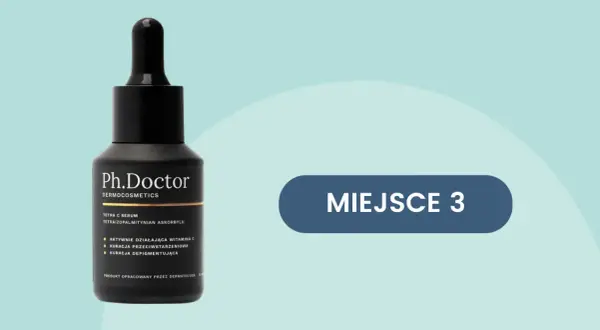 Czarny flakon serum z witaminą C, zawierającym sodium ascorbyl phosphate, na jasnym tle. Napis "MIEJSCE 3".