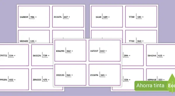 Ejercicios de divisiones para niños de 3 de primaria. Muestran operaciones matemáticas con números grandes y pequeños.