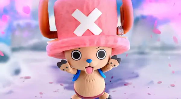 Tony Chopper, der süße Rentier-Arzt aus One Piece Staffel 3, winkt fröhlich in einer rosafarbenen Blütenpracht.