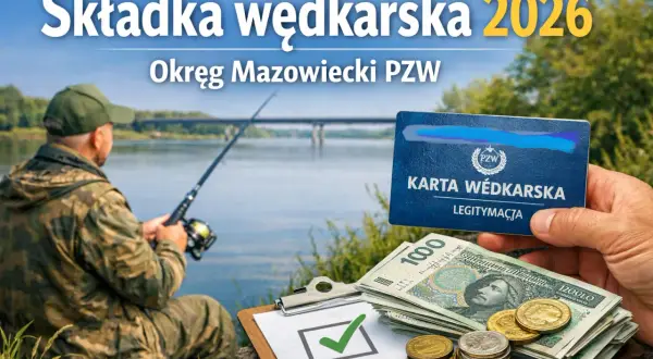 Jak opłacić kartę wędkarską 2026? Wędkarz z kartą, pieniędzmi i potwierdzeniem płatności nad wodą.