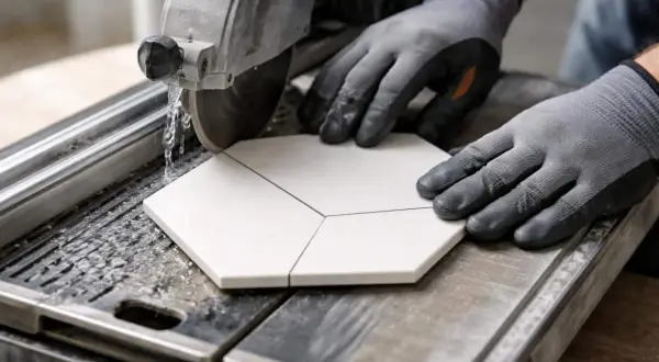 Gants gris protégeant des mains qui guident une découpe de carrelage hexagonale sur une machine à eau.