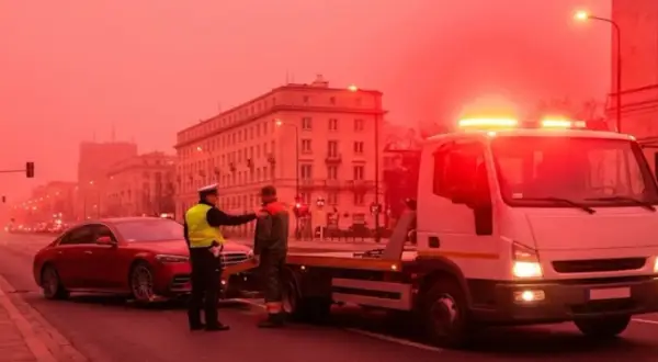 Policjant nadzoruje konfiskatę samochodu. Czerwony sedan jest ładowany na lawetę, podczas gdy migające światła ostrzegawcze oświetlają scenę w mieście.