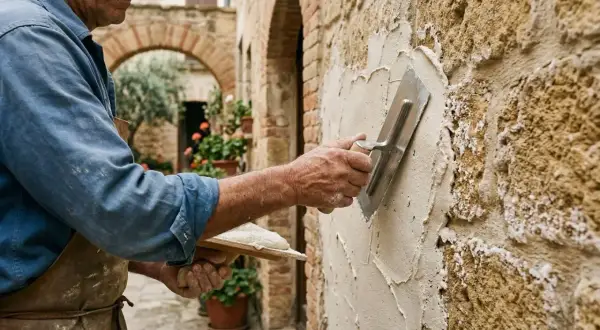 Artigiano applica intonaco minerale su un muro di pietra grezza, con un arco in mattoni sullo sfondo.