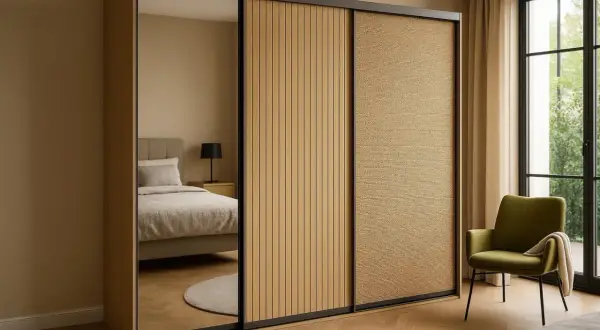 Un placard coulissant avec une porte miroir, une porte à lamelles de bois et une porte en cannage. Idéal pour relooker une chambre.