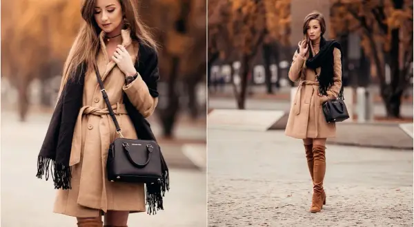 Karmelowe kozaki stylizacje: elegancki płaszcz, czarny szal i torebka tworzą jesienny look.