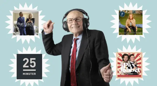 Äldre man med hörlurar lyssnar på podd ledarskap. Omgiven av omslag till poddar som "Rat Race", "Fannys Förebilder" och "På Jobbet".