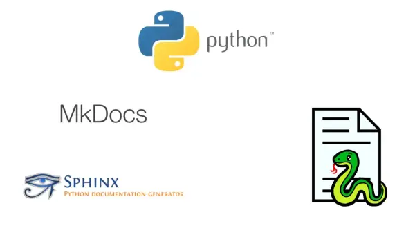 Logo Python, MkDocs et Sphinx, générateurs de documentation. Le serpent Python sur un document symbolise la fonction help Python.