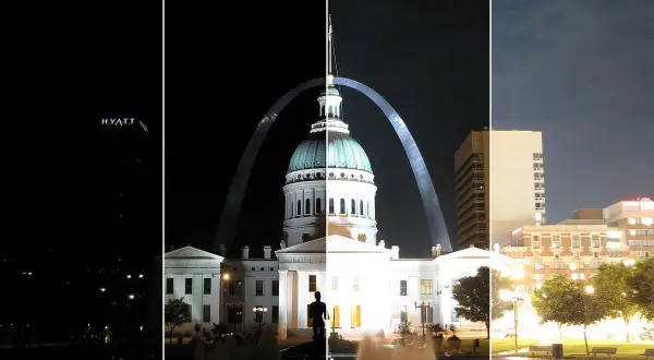 Sekwencja zdjęć prezentująca efekt bracketingu ekspozycji: od ciemnego nocnego krajobrazu z łukiem Gateway Arch po jaśniejszy widok miasta o zmierzchu.