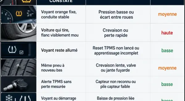 Tableau des symptômes de pression des pneus. Un voyant rouge indique un problème urgent.