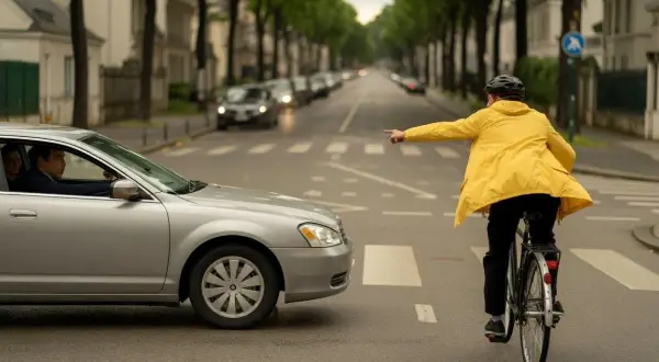 Cycliste en jaune, pointant le doigt, rappelle la règle de la priorité à droite. Une voiture s'arrête.