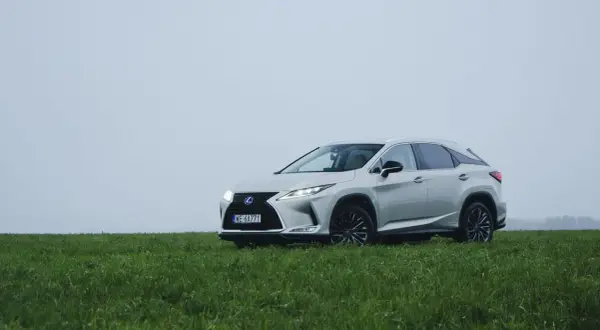 Srebrny Lexus RX 450h na tle zielonej łąki i mglistego nieba. Elegancki SUV gotowy na każdą podróż.