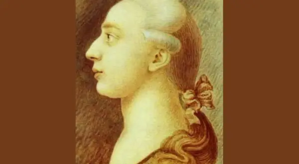 Portret mężczyzny w peruce z kokardą, przypominający słynnego Casanovę, w profilu.