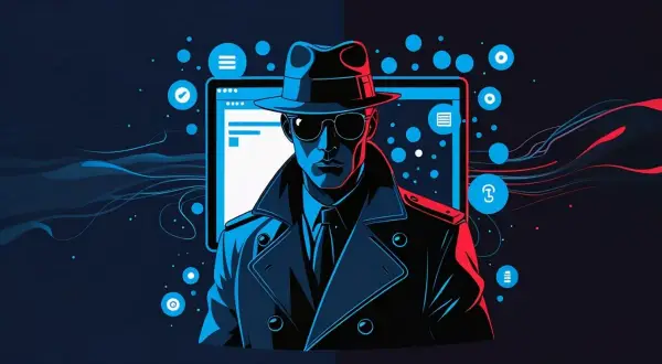 Mroczny detektyw w kapeluszu i okularach, otoczony cyfrowymi danymi, symbolizuje przeglądanie sieci w trybie **strona incognito**.