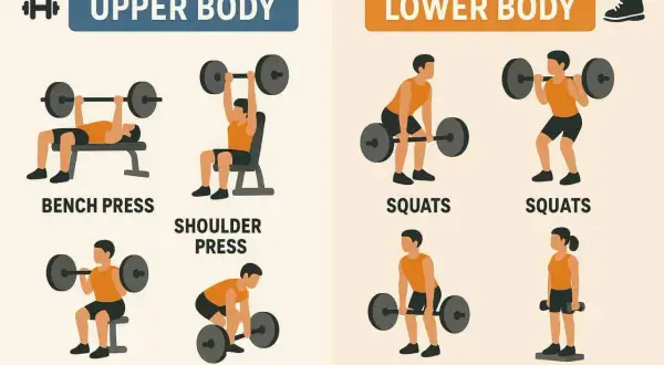 Übungsvorschläge für einen natural bodybuilding trainingsplan: Bankdrücken, Schulterdrücken, Rudern, Kniebeugen und Kreuzheben.