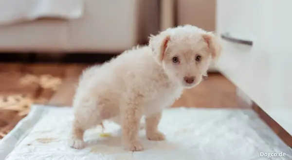 Kleiner, flauschiger Welpe steht auf einer Welpenunterlage, bereit, sein Geschäft zu verrichten. Tipps, wie man einen Hund zum Pipi animieren kann.