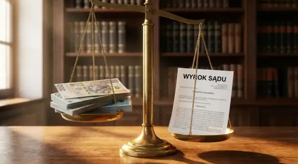 Waga szalkowa z pieniędzmi i dokumentem "Wyrok Sądu". Symbolizuje odprawę i jej wartość w kontekście prawnym.