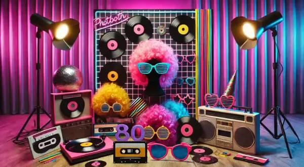 Accessoires colorés pour une **soirée 80** : perruques, vinyles, lunettes flashy et boombox. Préparez-vous à danser !