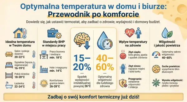 W pomieszczeniu biurowym temperatura powietrza nie może być niższa niż 18°C, by zapewnić komfort i wydajność.