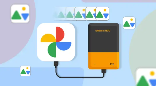 Illustrates the transfer of Google Photos to an external HDD, showing the Google Photos logo connected to the drive with images flowing.