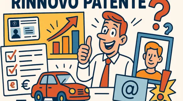 Rinnovo patente: uomo sorridente con pollice in su, grafico in crescita, auto, documenti e foto tessera.