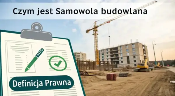 Czym jest samowola budowlana? Na budowie widać dźwig i powstający budynek. Na pierwszym planie dokument z definicją prawną.