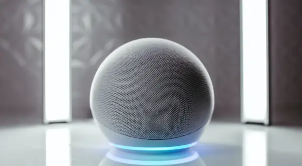 Altavoz esférico gris con anillo de luz azul. Listo para activar Alexa.
